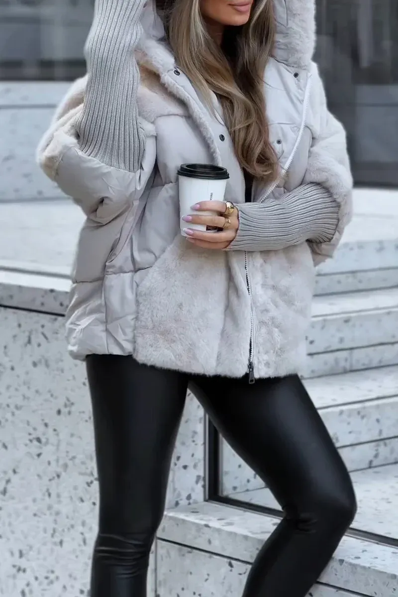 Street-wave Plus Size Puffer Coat With Hood, Fleece-Lined Plush Teddy Texture, Tailored Fit For Women, Stylish Winter