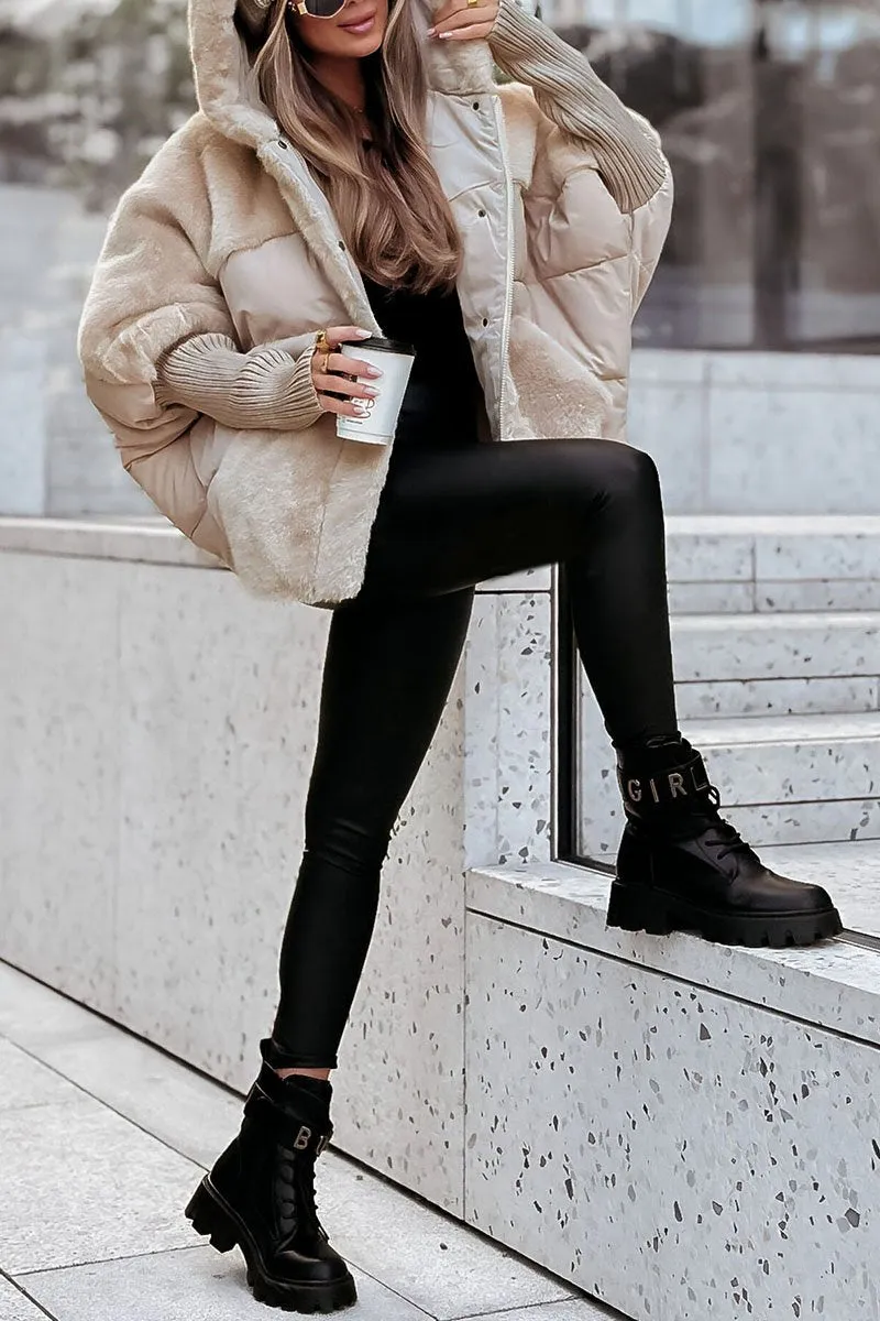 Street-wave Plus Size Puffer Coat With Hood, Fleece-Lined Plush Teddy Texture, Tailored Fit For Women, Stylish Winter