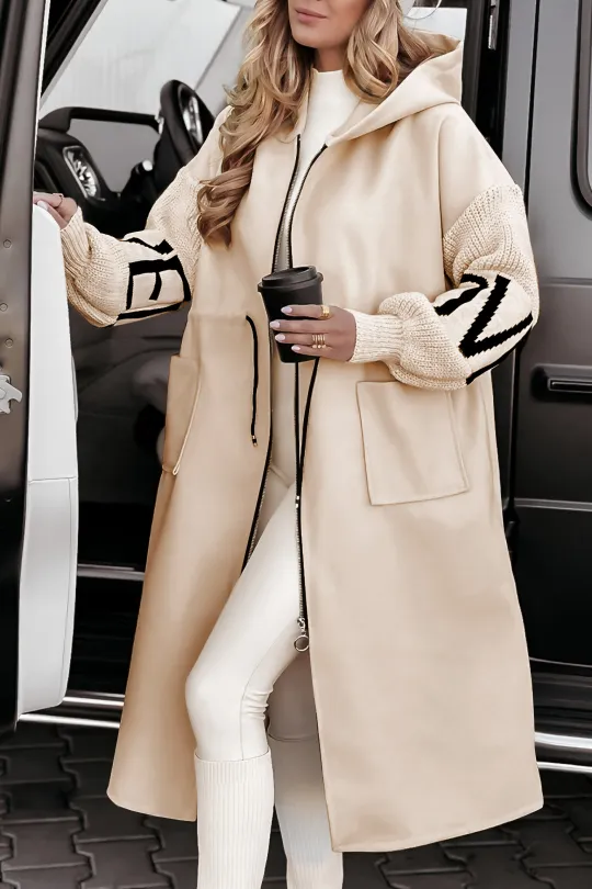 Street-Wave Long Padded Winter Coat With Hood And Knit Sleeve Details For Women Cozy And Stylish