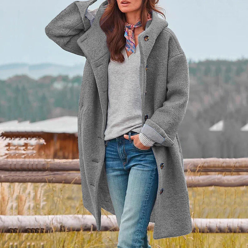 Street-wave Hooded Winter Coat For Women With Button Closure Warm Versatile Outerwear