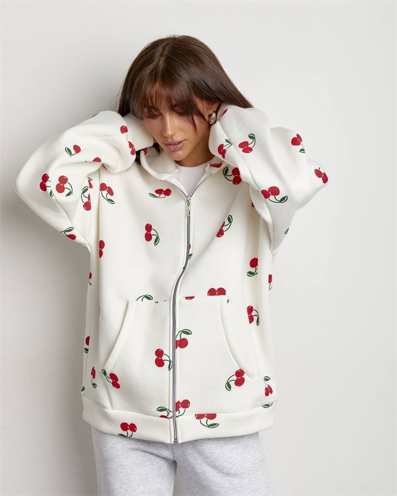 Street-wave Cherry Print Zip Hoodie For Women Cozy Hooded Sweatshirt With Front Zip