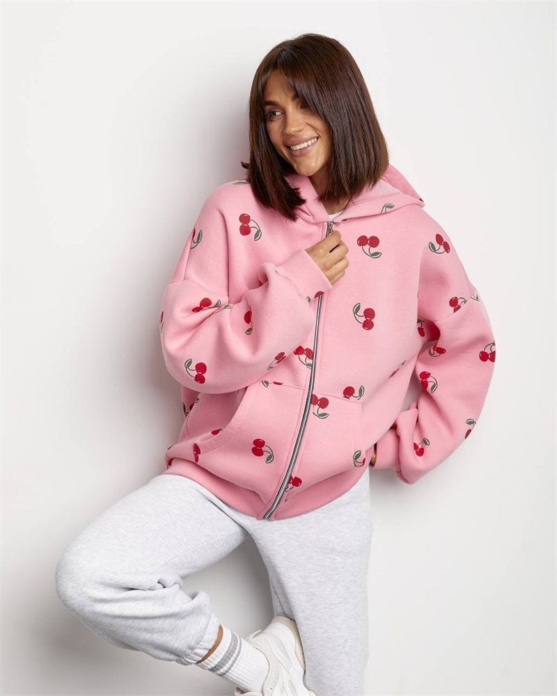 Street-wave Cherry Print Zip Hoodie For Women Cozy Hooded Sweatshirt With Front Zip