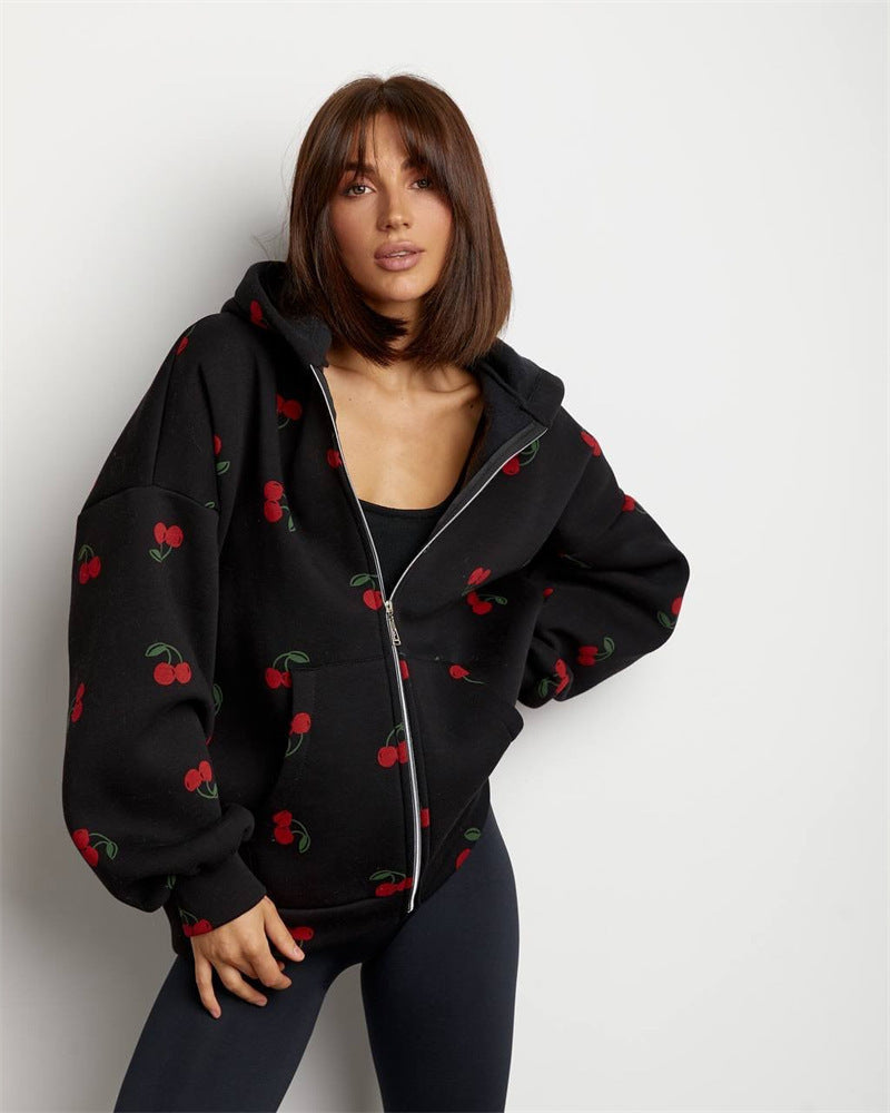 Street-wave Cherry Print Zip Hoodie For Women Cozy Hooded Sweatshirt With Front Zip