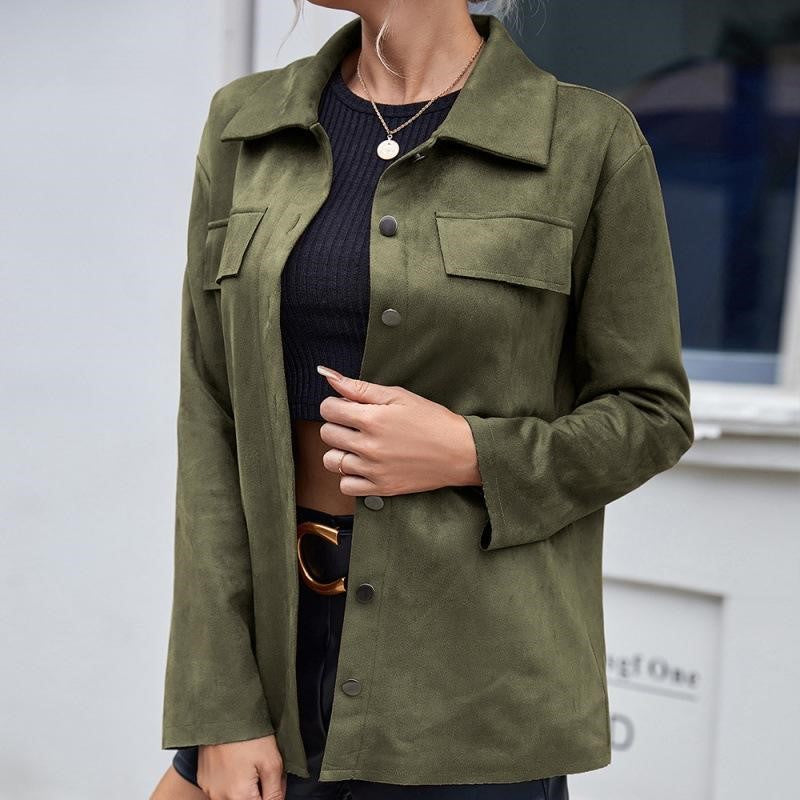 Street-wave Suede Jacket For Women With Button Closure And Front Pockets Timeless Versatile Style