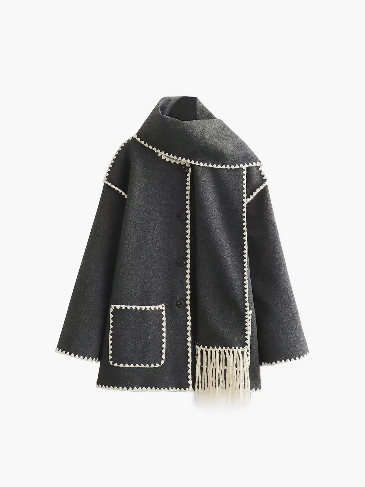 Streetwave Ladies Coat With Contrasting Piping And Scarf For Versatile Urban Chic And Everyday Elegance