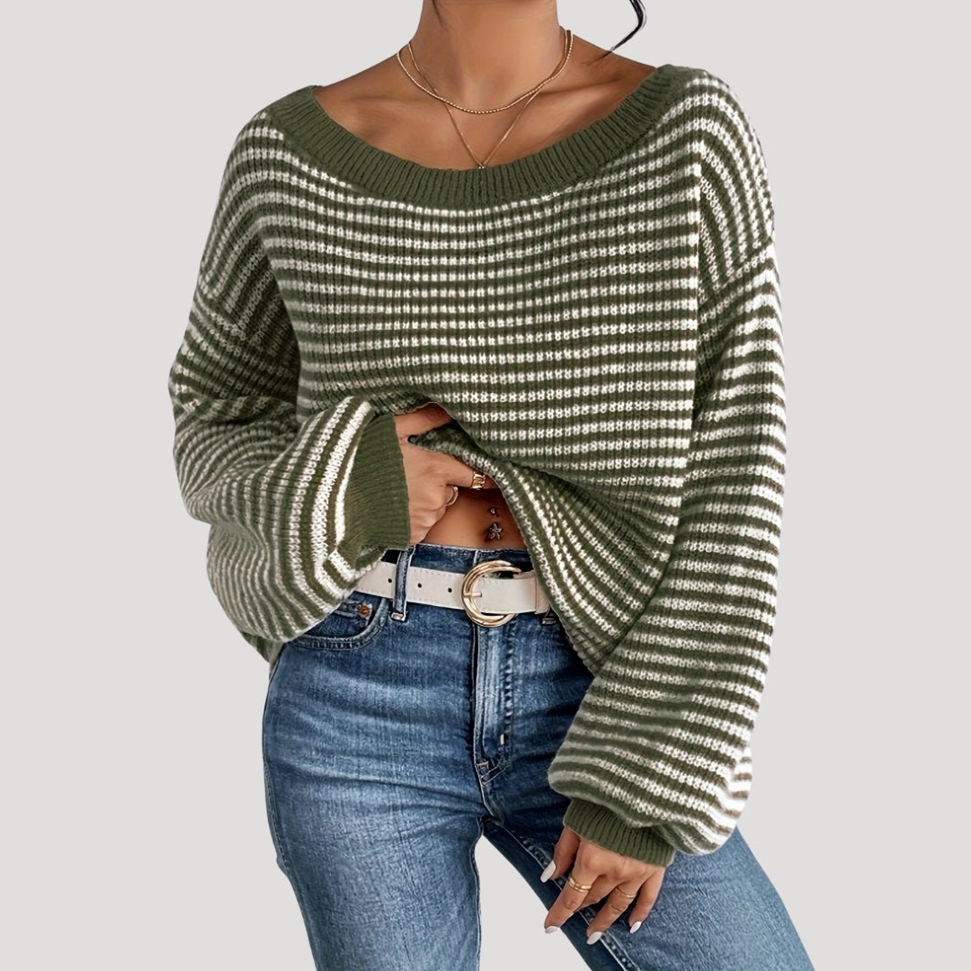 Street Wave Striped Knit Cozy Pullover For Women With Relaxed Fit And Long Sleeves