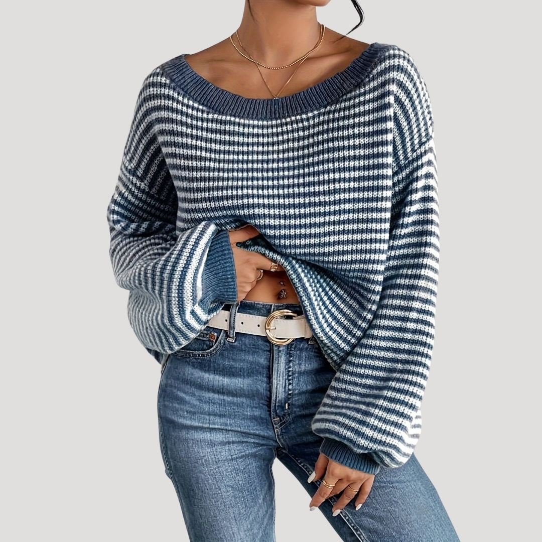 Street Wave Striped Knit Cozy Pullover For Women With Relaxed Fit And Long Sleeves