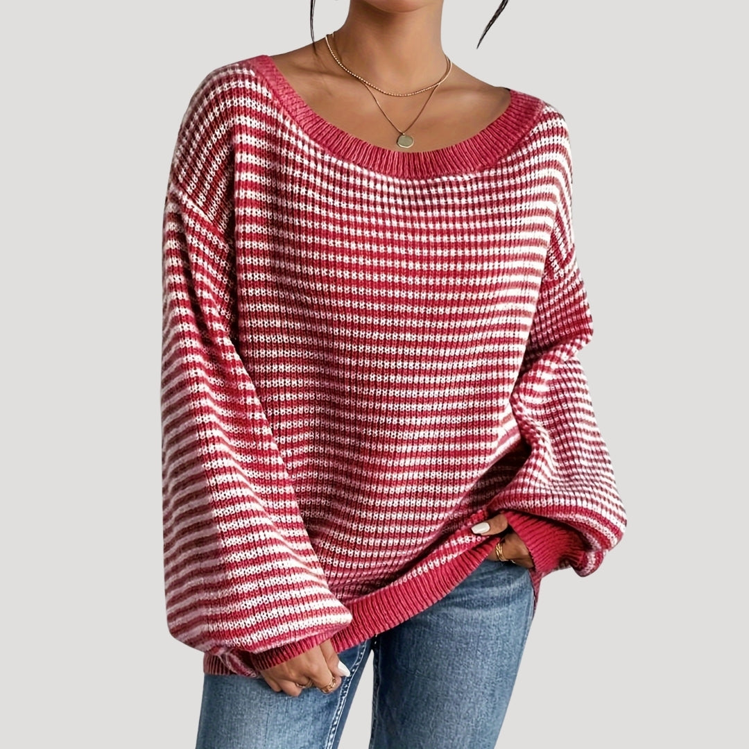 Street Wave Striped Knit Cozy Pullover For Women With Relaxed Fit And Long Sleeves