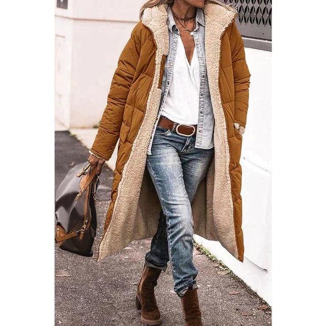 Street-wave Hooded Puffer Jacket With Cozy Sherpa Lining Water Resistant Longline Fit For Women