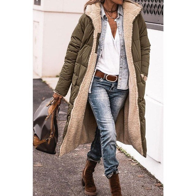 Street-Wave Reversible Sherpa Fleece Long Hooded Puffer Coat For Women Warm Winter Outerwear