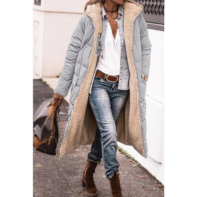 Street-wave Women's Reversible Long Sherpa Puffer Jacket With Hood For Cozy Winter Warmth
