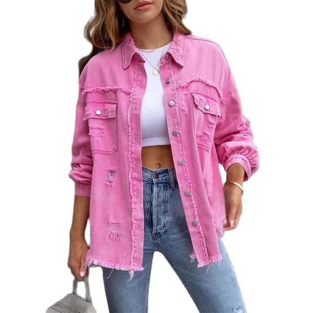 Street Wave Orange Distressed Denim Jacket For Women With Oversized Fit And Casual Summer Layering