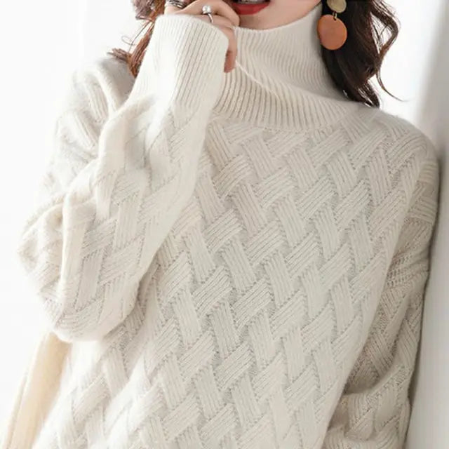 Street-Wave Wool Turtleneck Pullover For Women, Cozy Knit With High Collar And Relaxed Fit
