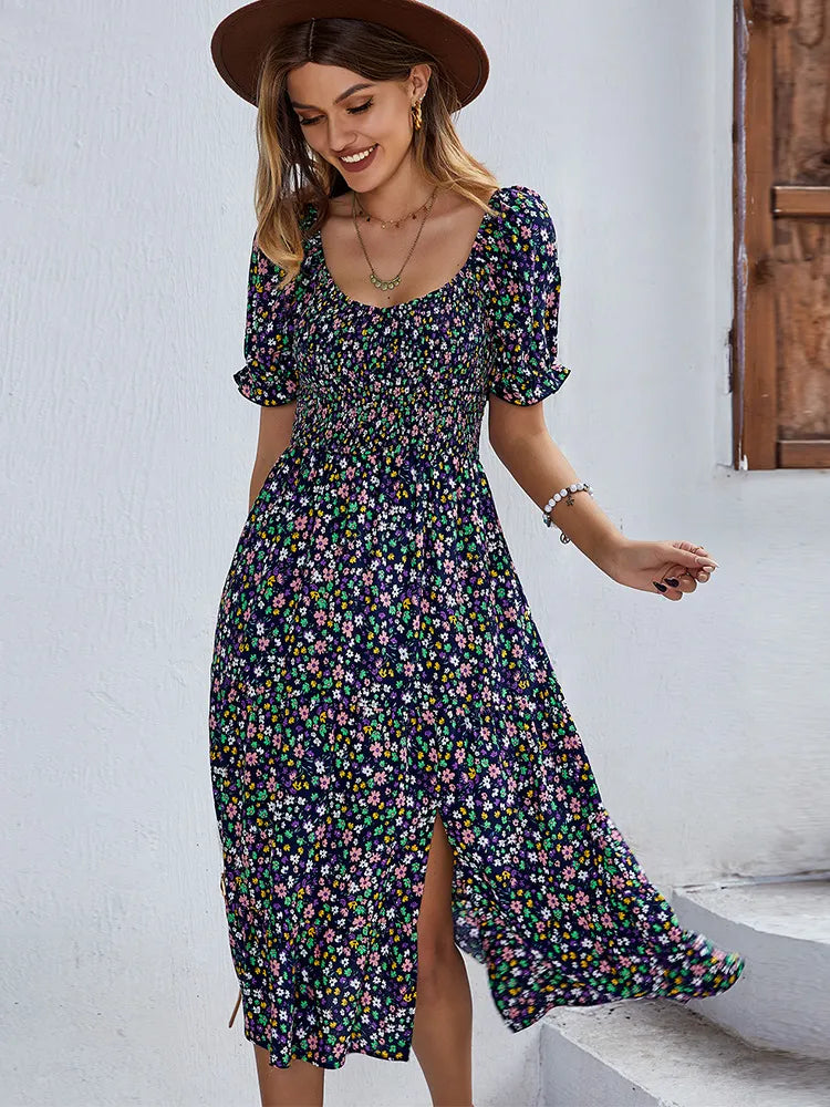 Dress for women - Midi length - Short puff sleeves - A-line fit - Floral pattern