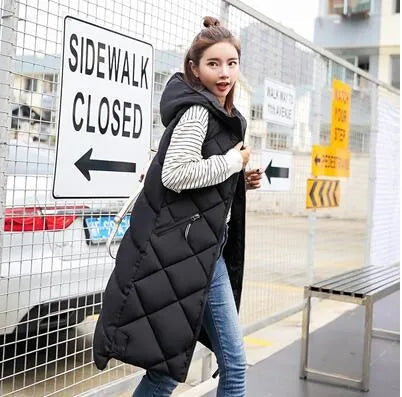 Street-Wave Daisy Womens Winter Long Quilted Hooded Vest