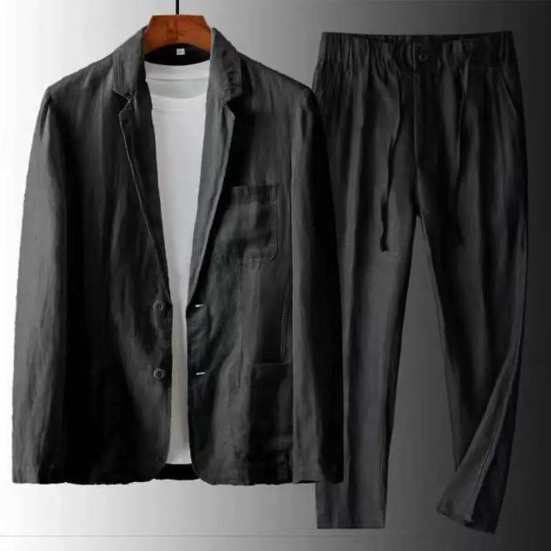 Street-Wave Men's Linen Blazer and Pants Suit Set Slim Fit Two-Button Closure Premium Comfort