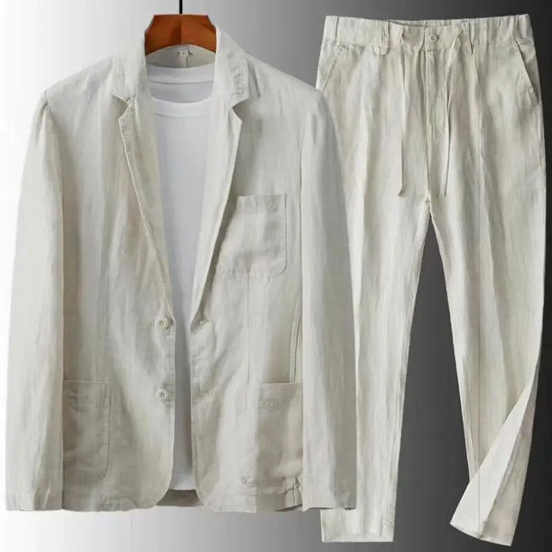 Street-Wave Men's Linen Blazer and Pants Suit Set Slim Fit Two-Button Closure Premium Comfort