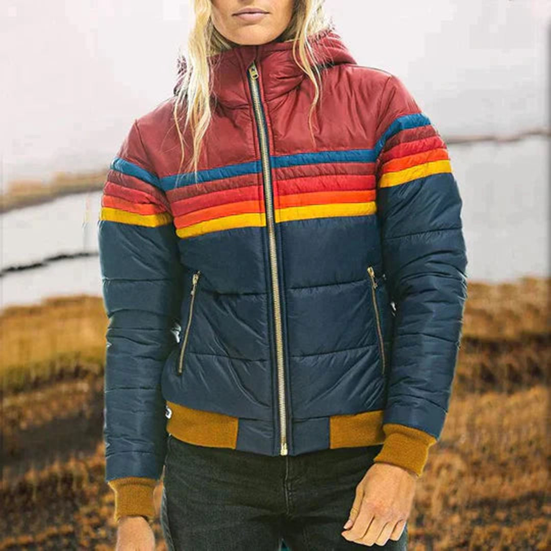 Street-wave Colorful Hooded Puffer Jacket For Women Cozy Warmth And Bold Stripes