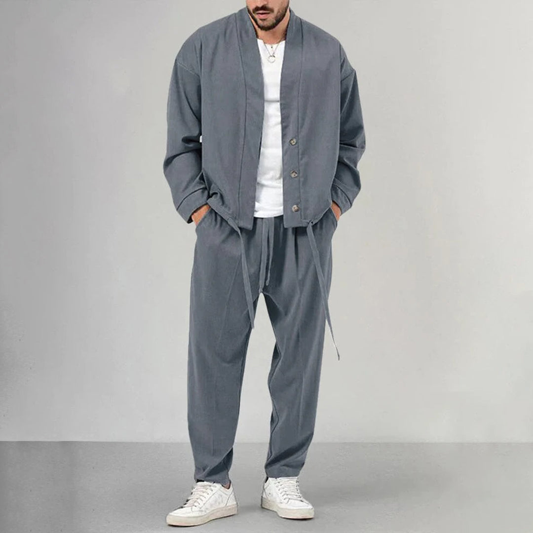 Street-wave Men's Olive Green Suit Set with Relaxed Jacket and Drawstring Pants