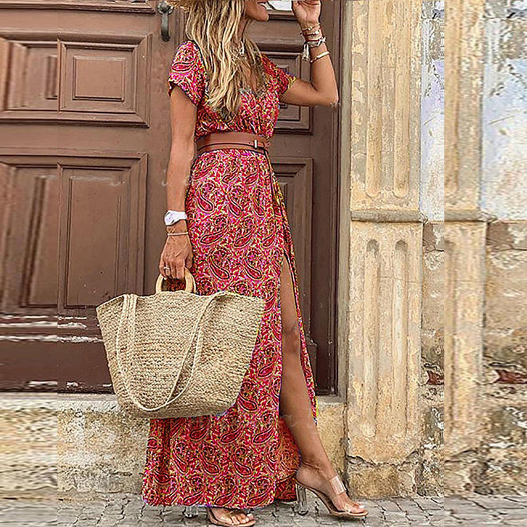 Street-Wave Womens Maxi Dress V-Neck Side Slit Fashionable