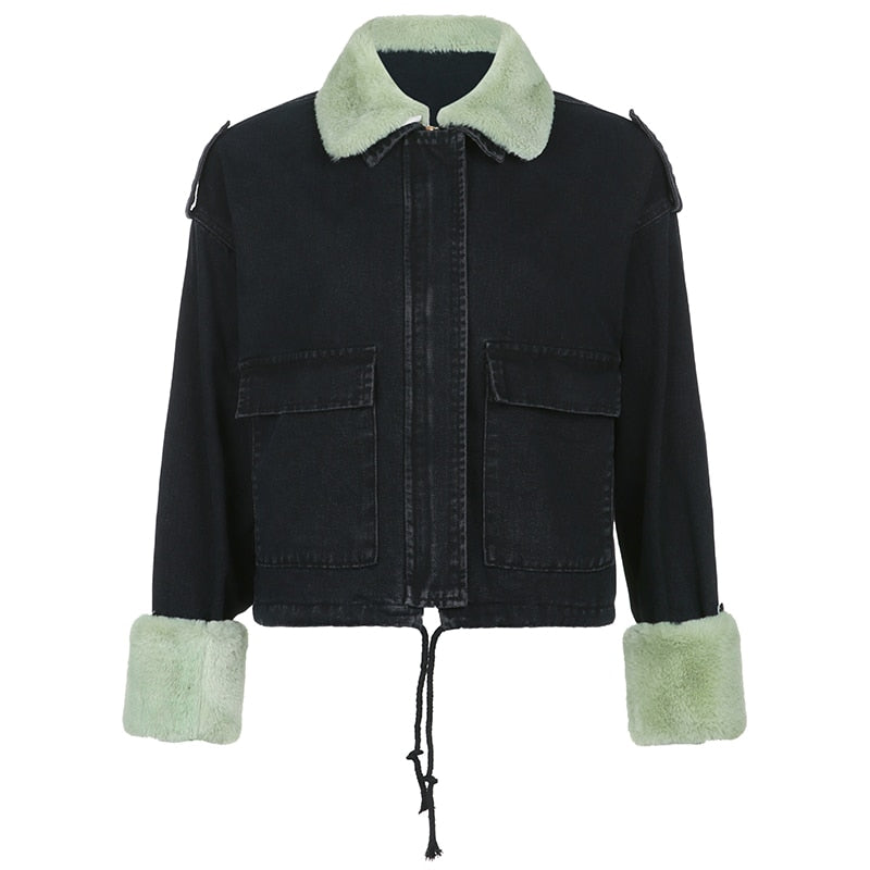 Street Wave Jacket With Green Sherpa Collar And Cuffs Zipper Closure Drawstring Details Street Style For Women
