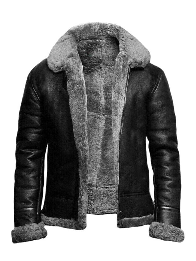 Street-Wave Men Slim Fit Leather Jacket Shearling Lining