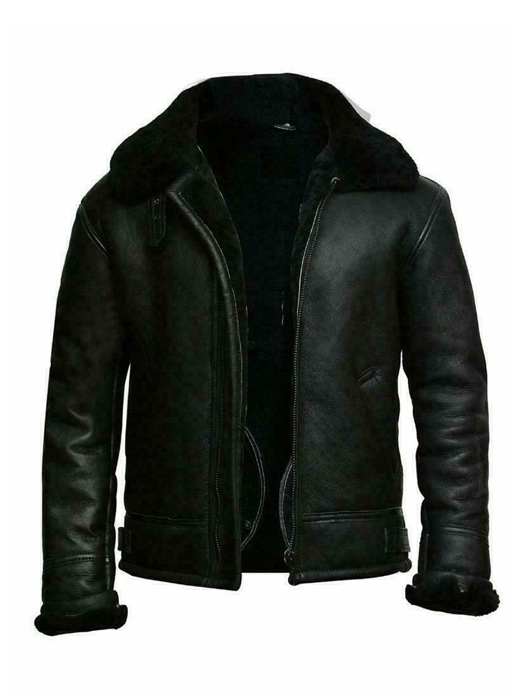 Street-Wave Men Slim Fit Leather Jacket Shearling Lining