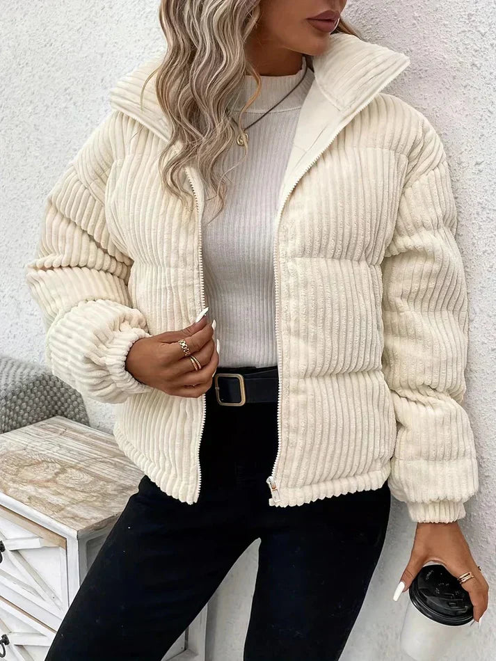Street-Wave Corduroy Texture Quilted Puffer Jacket Front Zip Padded Casual Outerwear for Women