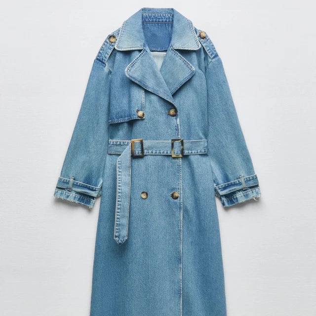 Street-Wave Belted Long Denim Coat For Women In Blue Ideal For Transitional Weather