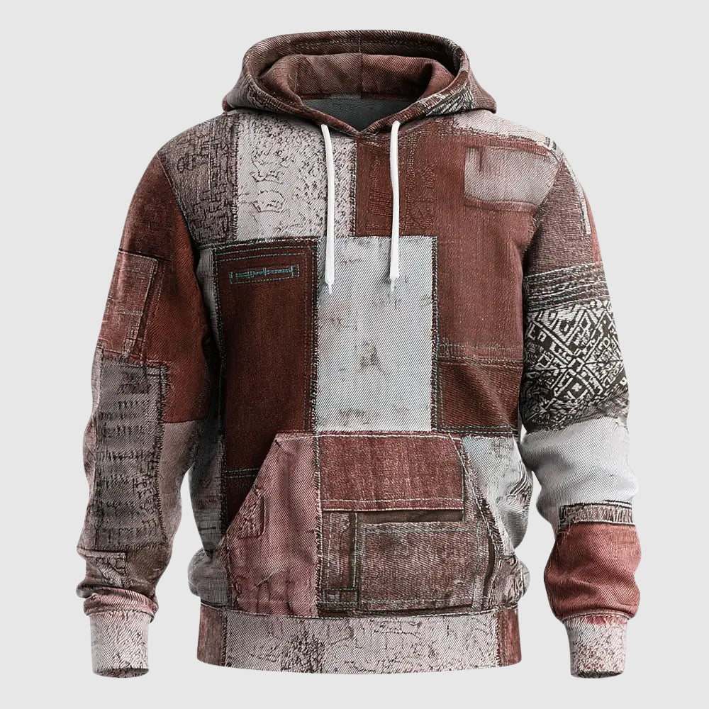Denim Patchwork Street Style Hoodie For Men By Street-Wave With Rugged Patchwork Denim And Cozy Interior