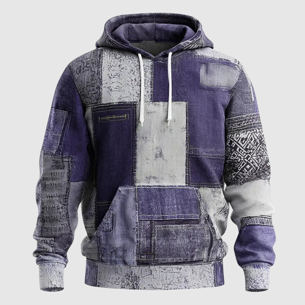 Denim Patchwork Street Style Hoodie For Men By Street-Wave With Rugged Patchwork Denim And Cozy Interior