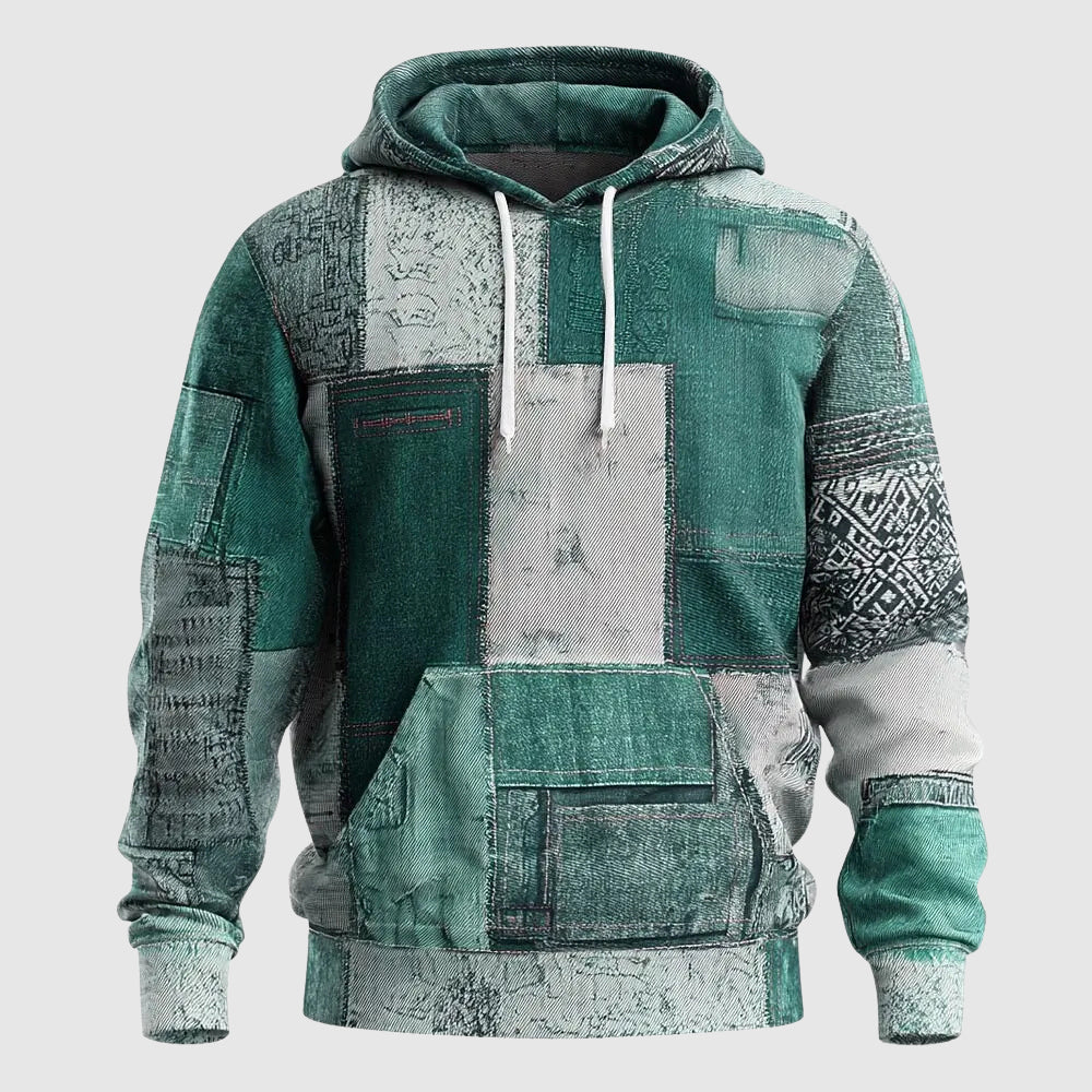 Denim Patchwork Street Style Hoodie For Men By Street-Wave With Rugged Patchwork Denim And Cozy Interior