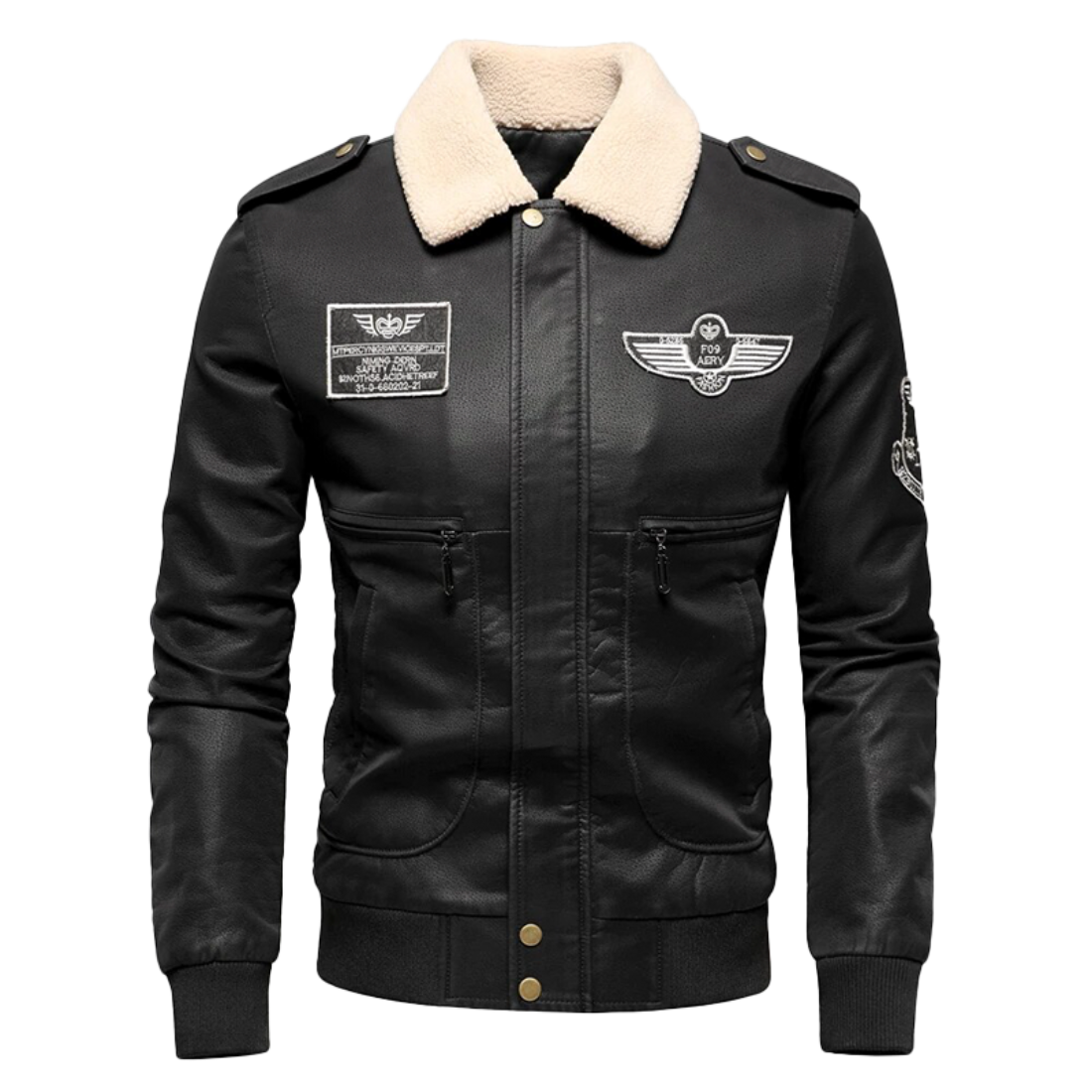 Streetwave Mens Premium Leather Bomber Jacket With Wool Collar Warm Lined Pilot Style Aviation Patch Design