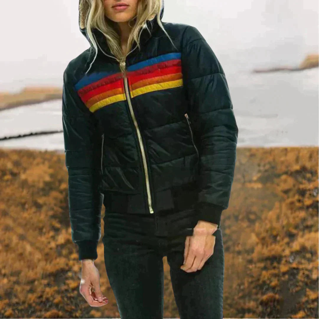 Streetwave Women's Winter Jacket With High Collar Cozy Warmth Colorful Rainbow Stripes