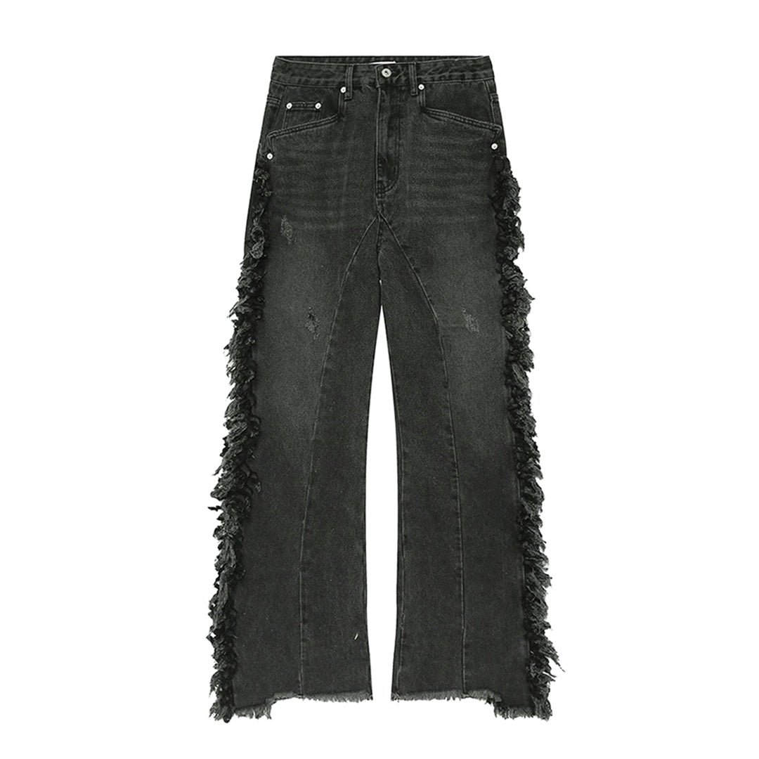 Street-Wave Distressed Tassel Flared Jeans - Relaxed Baggy Fit With Tassel Detailing For Effortless Weekend Style