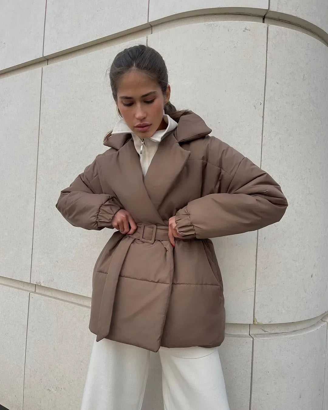 Street-wave Belted Puffer Jacket For Women Warmth And Style In Cold Weather With Cozy Insulation