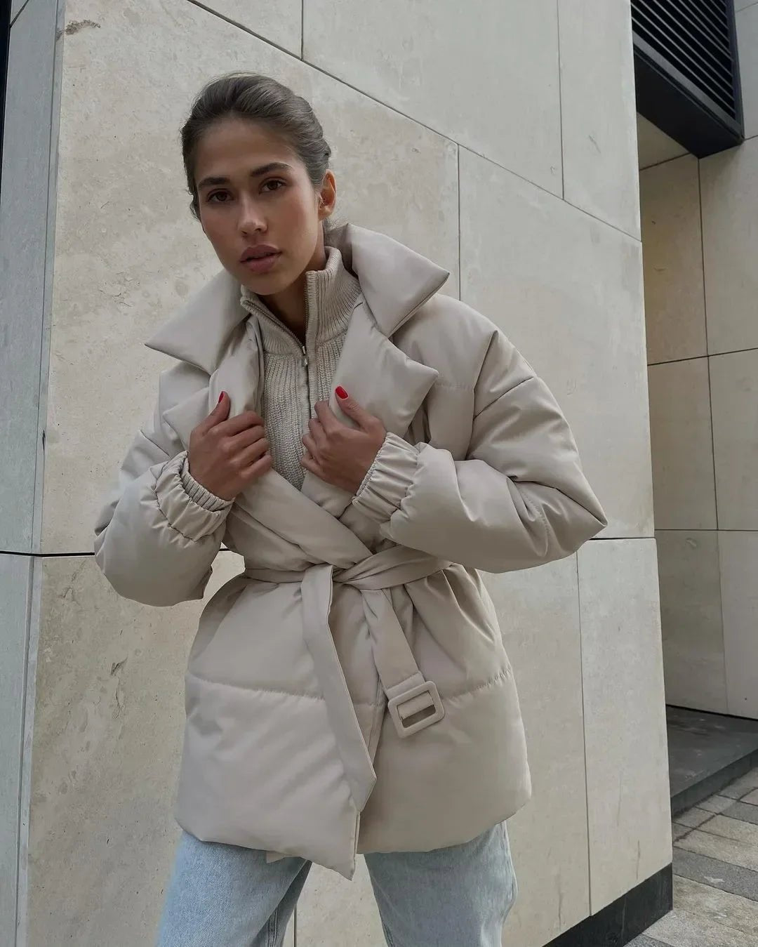 Street-wave Belted Puffer Jacket For Women Warmth And Style In Cold Weather With Cozy Insulation