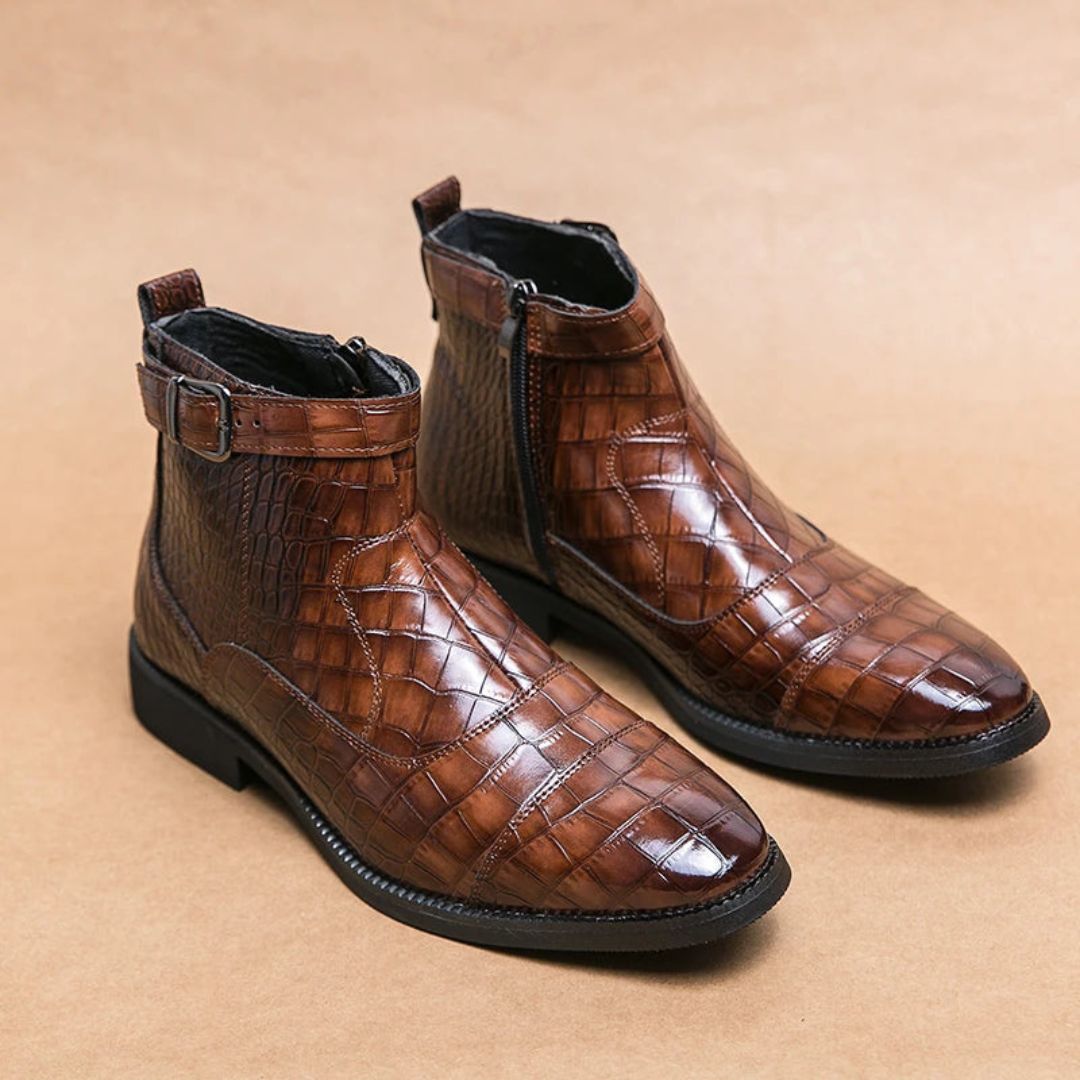 Donovan Luxe Croc Boots With Allover Faux Crocodile Leather Heritage Buckle Zip Closure With Stitched Sole Details