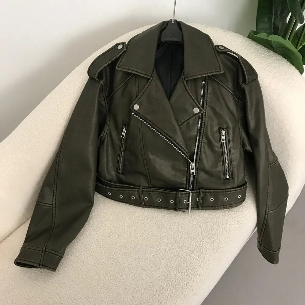 Street-Wave Leather Jacket For Spring - Elegant Belted Moto Style, Premium Leather, Fashion Forward