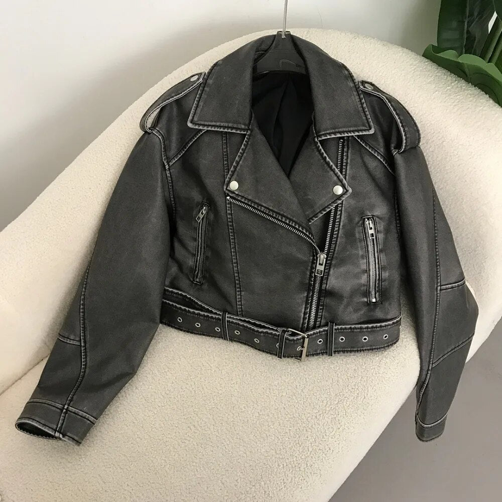 Street-Wave Leather Jacket For Spring - Elegant Belted Moto Style, Premium Leather, Fashion Forward