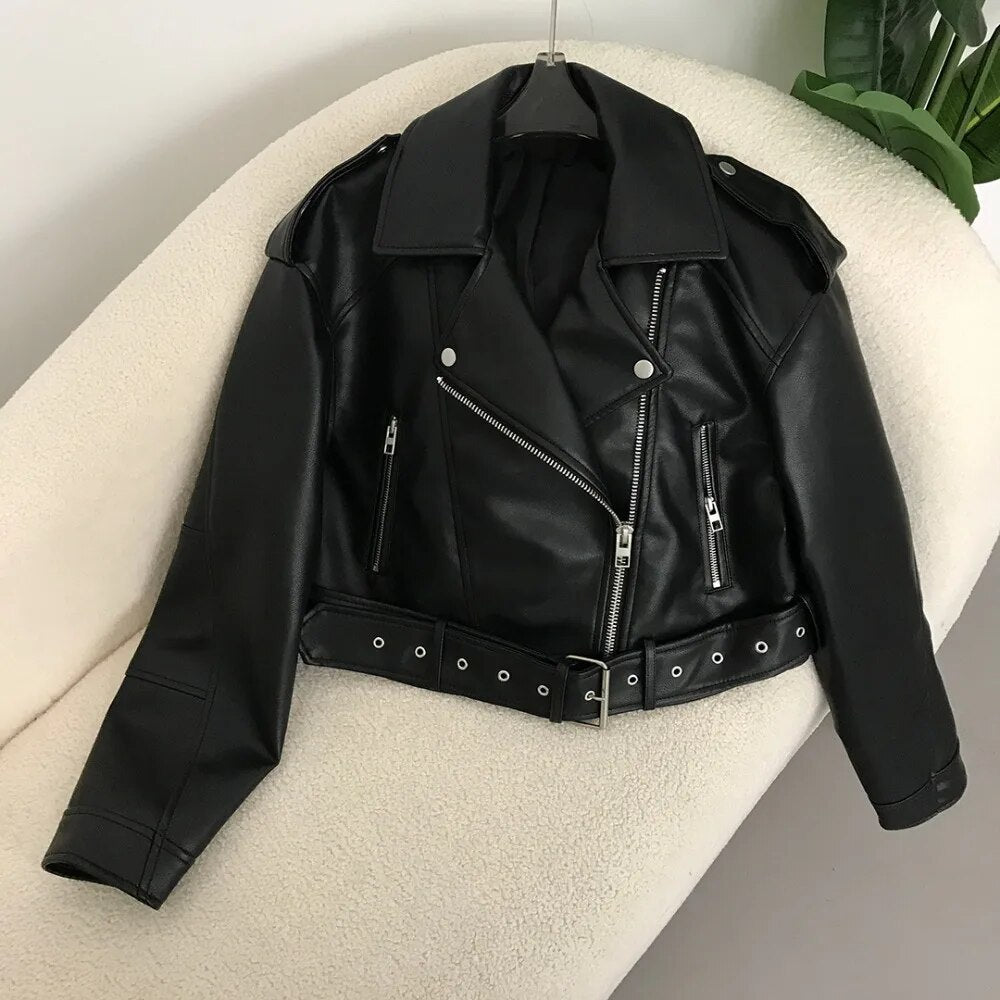 Street-Wave Leather Jacket For Spring - Elegant Belted Moto Style, Premium Leather, Fashion Forward