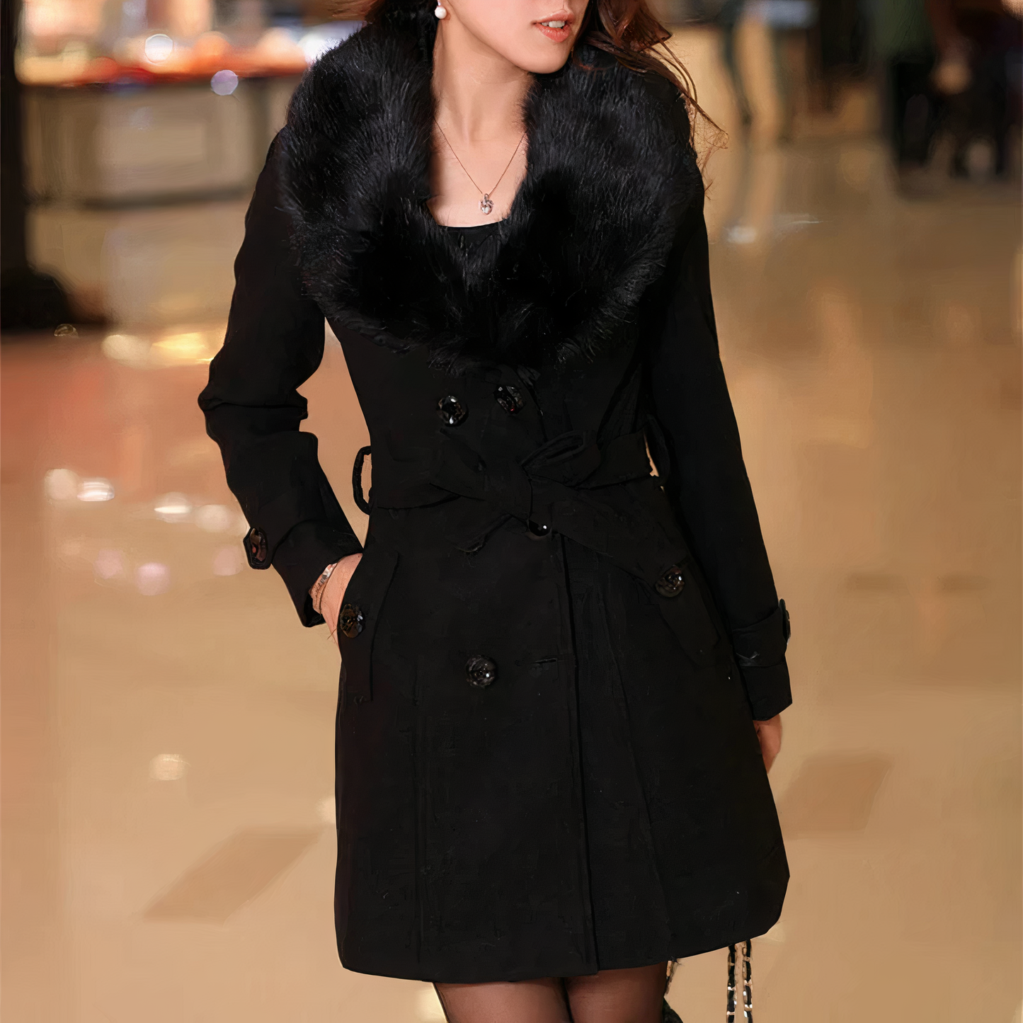 Streetwave Knee Length Wool Coat With Fur Collar For Women Cozy Warmth And Style
