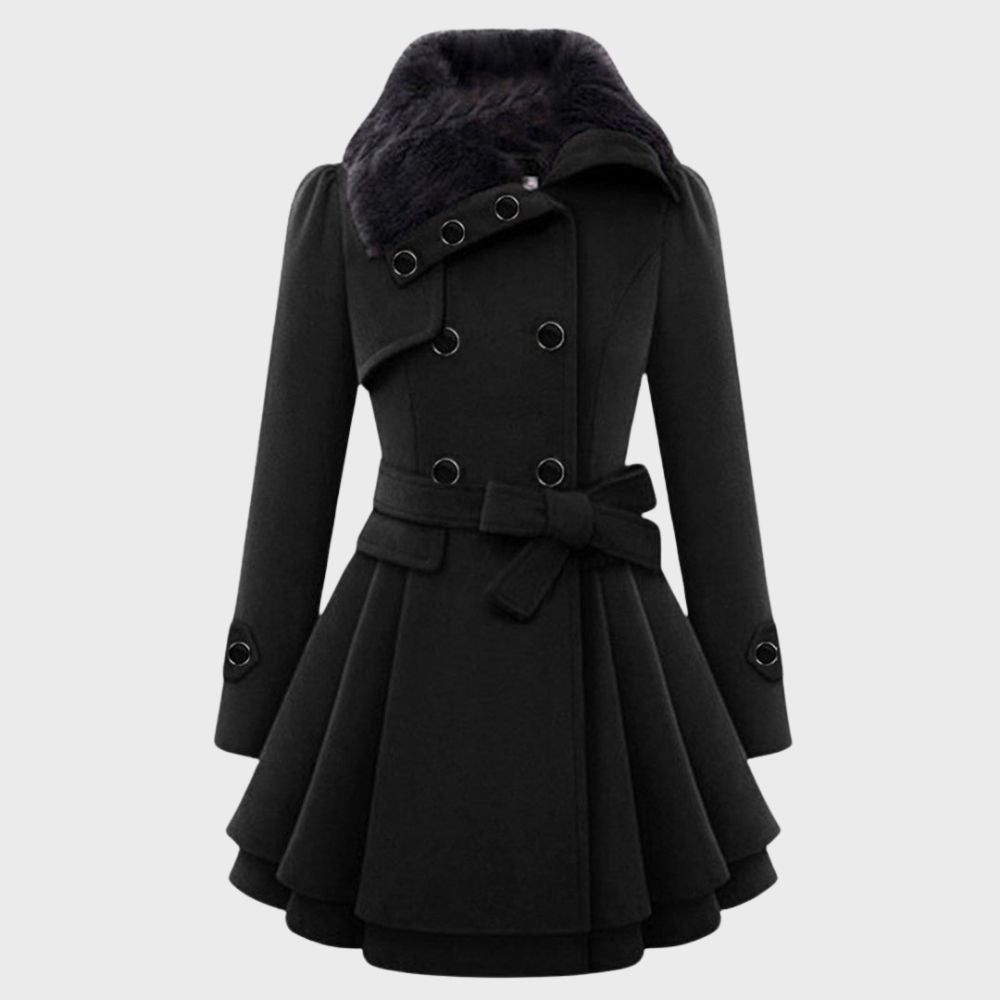 Street-wave Women Winter Coat With Fur Collar Belted Waist Flared Silhouette Modern Elegant