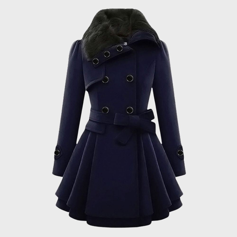 Street-wave Women Winter Coat With Fur Collar Belted Waist Flared Silhouette Modern Elegant