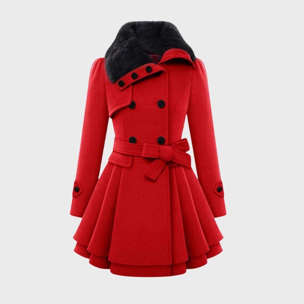 Street-wave Women Winter Coat With Fur Collar Belted Waist Flared Silhouette Modern Elegant