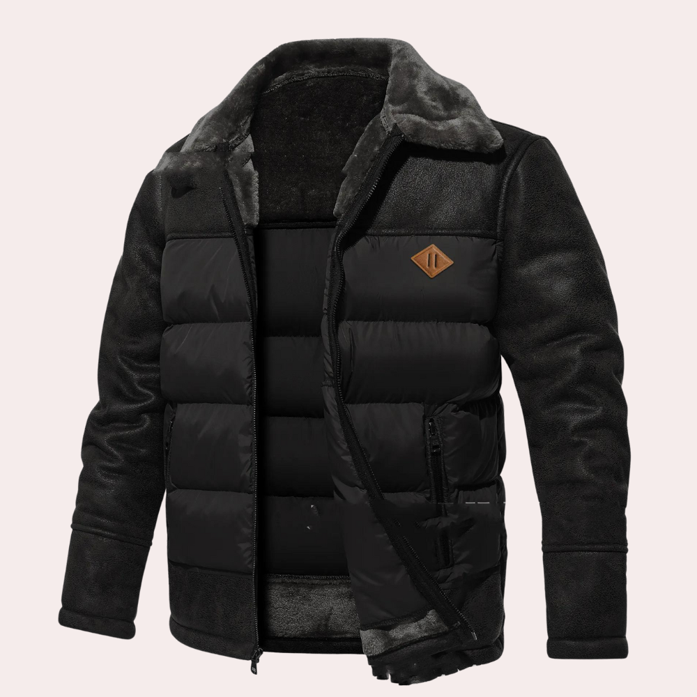 Mens Quilted Front Jacket With Faux Leather Sleeves Plush Lining Street-Wave