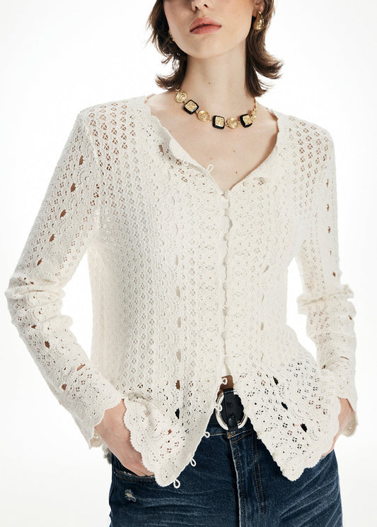 Élégant cardigan beige à col rond et ajouré en tricot pour l'automne - Street-Wave