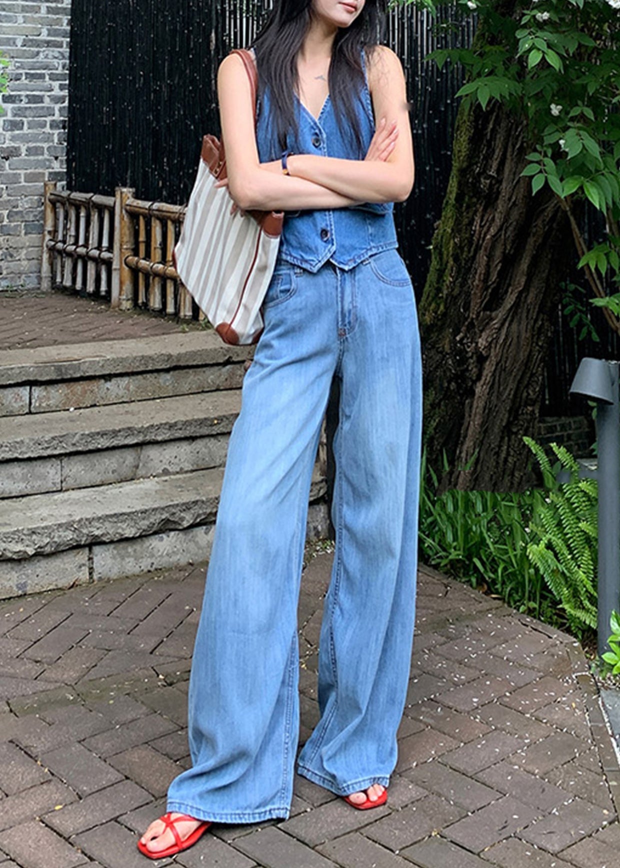 Pantalon droit drapé taille haute bleu élégant en denim pour l'automne - Street-Wave