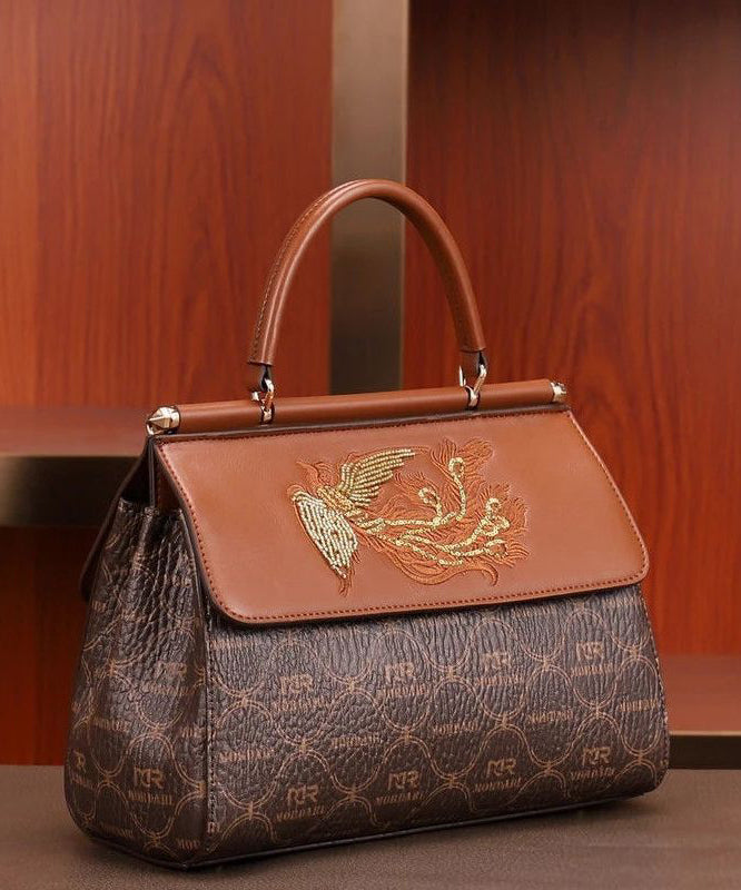 Sac fourre-tout élégant en cuir de veau marron brodé - Street-Wave