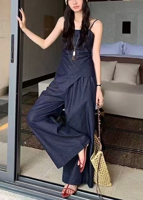 Tenue d'été élégante 2 pièces en denim bleu marine asymétrique et ajusté - Street-Wave